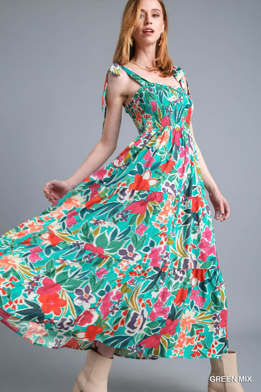 Umgee Smocked Bodice Floral Maxi Dress in Green