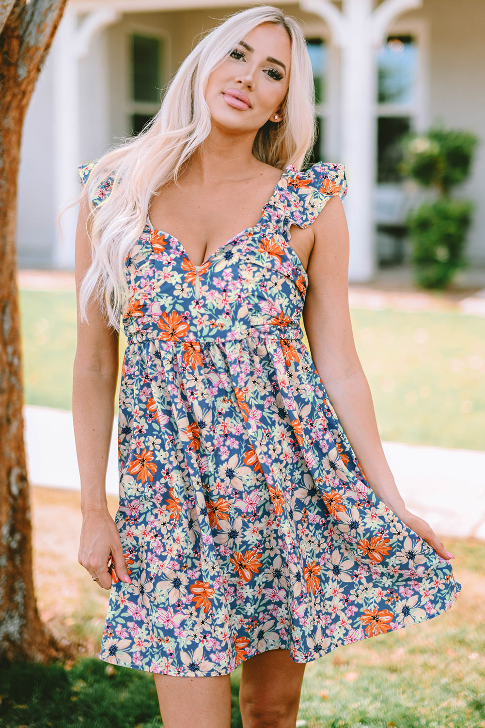 Multicolor Floral Sweetheart Ruffle Dress